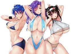 3girls abs armpits arms_up ass bangs bikini blue_eyes blue_hair breasts brown_hair cleavage closed_mouth collarbone commentary covered_nipples earrings female female_only fingernails gradient gradient_hair hair_ornament hairband highleg highleg_swimsuit jewelry large_breasts long_hair looking_at_viewer multicolored_hair multiple_girls nail_polish navel o-ring o-ring_swimsuit one-piece_swimsuit one_eye_closed open_mouth original purple_eyes purple_hair shiny shiny_clothes shiny_hair shiny_skin short_hair simple_background smile stomach summer swimsuit tamiya_akito thighs tongue tongue_out white_background wristband yellow_eyes