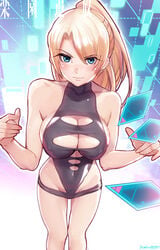 1girls alternate_costume alternate_hairstyle angela_balzac bangs bare_shoulders black_swimsuit blonde_hair blue_eyes blush breasts cleavage cleavage_cutout clothing_cutout copyright_name from_above glowing groin high_ponytail highleg highleg_swimsuit highres hitomi_o large_breasts light_smile long_hair looking_at_viewer one-piece_swimsuit parted_bangs ponytail rakuen_tsuihou signature smile solo standing swimsuit thigh_gap