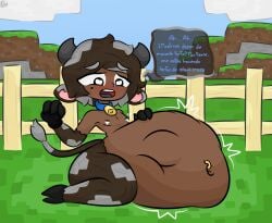 belly_bulge big_belly big_butt cow_(minecraft) cowbell cute_male dark_skin demihuman excited femboy lpixel male male_lactation male_pred minecraft minecraft_mob nervous solo_male spanish_text struggling struggling_prey text_box vore vore_belly