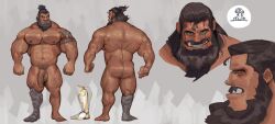 1boy abs arms_at_sides bara barod_(theorcbard) beard brown_hair chivo_(kalchivo) commission completely_nude cropped_shoulders dark-skinned_male dark_skin expressions facial_hair flaccid from_behind full_beard full_body girthy_penis grin hairy highres large_pectorals long_beard looking_at_viewer male_focus male_only mature_male medium_hair multiple_views muscular muscular_male navel navel_hair nipples nude orc original pectorals penis profile prosthesis prosthetic_leg reference_sheet second-party_source smile sparse_arm_hair sparse_chest_hair sparse_leg_hair sparse_navel_hair standing stomach strongman_waist thick_beard thick_eyebrows thick_mustache thick_thighs thighs tusks