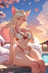 2024 ahri ai_generated animal_ears atomdildo blonde_hair blush cameltoe cherry_blossoms cleavage closed_eyes collarbone colored_hair erect_nipples evening facial_markings female female_focus female_only floating_heart fox_ears hand_on_chest k/da_all_out_ahri knees_together league_of_legends medium_breasts nine_tailed_fox pale_skin pool riot_games self_upload sitting small_waist solo stable_diffusion sunset swimming_pool tail thick_thighs water white_bikini wide_hips