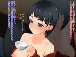 black_eyes blush breasts cum cum_in_container cum_in_cup cup female hair_ornament hairclip hand_up holding holding_cup implied_paizuri jacket kirigaya_suguha large_breasts long_sleeves nipples red_jacket solo_focus sword_art_online table translation_request vogel_schwein