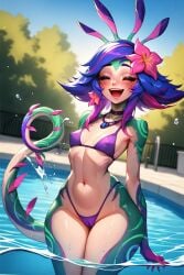 2024 ai_generated atomdildo belly_button blue_hair blush cameltoe closed_eyes colored_hair colorful facial_markings female female_focus female_only hair_flower happy league_of_legends legs_together necklace neeko open_mouth pool purple_bikini riot_games self_upload small_breasts small_waist solo splashing stable_diffusion standing swimming_pool tail thick_thighs water wide_hips