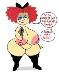 big_ass big_booty big_breasts big_butt black_boots bow femdom femdom_caption forced_partners gun imminent_rape light-skinned_female nipple_piercing nipples one_eye_obstructed ragatha ragatha_(the_amazing_digital_circus) rape red_hair reverse_rape stick_up the_amazing_digital_circus theslashfive thick thick_ass thick_hips thick_legs thick_thighs thigh_highs