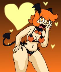 bowtie bra butterscotch_sweet female female_only halloween_costume hand_on_hip heart hearts_in_eyes orange_eyes orange_hair original_character panties shadowjanetnsfw small_breasts succubus succubus_costume succubus_tail tongue tongue_out