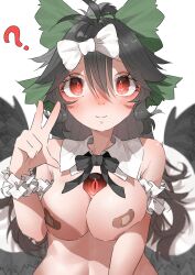 ? absurdres bandaid bandaids_on_nipples bird_wings black_bow black_bowtie black_hair black_wings blush bow bowtie breasts closed_mouth collar commentary_request detached_collar female green_bow hair_between_eyes hairbow highres large_breasts long_hair looking_at_viewer ninniku_(mfu7324) pasties ponytail red_eyes reiuji_utsuho simple_background smile solo third_eye touhou upper_body utsuho_reiuji w white_background white_bow white_collar wings wrist_cuffs