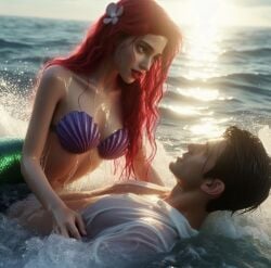 ai_generated ariel ariel_(the_little_mermaid) disney disney_princess green_tail long_hair mermaid red_hair seashell_bra the_little_mermaid