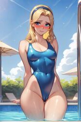 2024 ai_generated atomdildo blonde_hair blue_eyes blue_sky blue_swimsuit blush cameltoe cleavage clouds embarrassed erect_nipples female female_focus female_only headband league_of_legends luxanna_crownguard pale_skin pool riot_games self_upload shiny_skin small_breasts small_waist solo stable_diffusion standing swimming_pool thick_thighs water wet_skin wide_hips