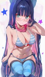 1girls absurdres big_breasts bikini blue_eyes blue_thighhighs bow breasts cleavage closed_mouth female glasses hairbow hand_in_own_hair highres large_breasts looking_at_viewer multicolored_hair navel odyssey_21 panty_&_stocking_with_garterbelt pink_hair purple_hair rectangular_eyewear semi-rimless_eyewear sitting solo solo_female star_(symbol) stocking_anarchy striped_bikini striped_clothes swimsuit thighhighs two_tone_hair very_long_hair