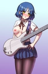 1girls blue_hair blue_skirt blush bocchi_the_rock! breasts female guitar instrument light-skinned_female light_skin looking_at_viewer nipples open_shirt pantyhose shirt short_hair skirt small_breasts solo yamada_ryou yellow_eyes zomjam