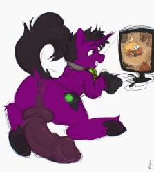 2024 absurd_res animal_genitalia animal_penis anthro cutie_mark equid equine equine_genitalia equine_penis gaming gaming_console gaming_headset genitals hasbro hi_res hooves horse horse_tail horseshoe male mammal my_little_pony penis pony purple_body purple_eyes riotbackup solo