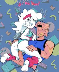 1980s_(style) 1980s_theme 1boy 1girls 2023 80s arm_warmers eyelashes female headband human leg_warmers looking_at_viewer male open_mouth original original_character penis rrydawg sex sweat testicles white_hair white_skin workout workout_clothes workout_sex