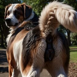 ai_generated animal_genitalia animal_pussy anus canid canine canine_genitalia canine_pussy canis domestic_dog female feral fur genitals hi_res hornybunny looking_back mammal molosser mountain_dog outside park pussy raised_tail saint_bernard solo stable_diffusion