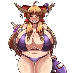 alternate_breast_size bbw big_breasts bikini blush breasts breasts_bigger_than_head chubby chubby_female fat fat_female fat_girl fat_woman gourd gourd_bottle hair_ribbon horn horns ibuki_suika long_hair looking_at_viewer mostly_nude navel oni orange_hair overweight overweight_female partially_clothed pointy_teeth potion potion_bottle purple_bikini red_eyes red_ribbon ribbon seireiart suika_ibuki sweat sweatdrop sweating sweaty_body thick_thighs touhou