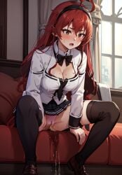 1girls ai_generated black_stockings blush cleavage eris_greyrat female female_only human long_hair long_sleeves mushoku_tensei peeing pussy red_eyes red_hair sitting sitting_down solo stable_diffusion stockings surprised wetting