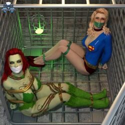 2girls 3d arms_behind_back blonde_hair bondage bound bound_arms bound_legs cage daniel_remo_art dc dc_comics female female_only femsub fully_clothed gag gagged high_heel_boots high_heels kryptonite looking_at_viewer poison_ivy red_hair shiny_clothes supergirl tape_gag