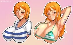 1girls bare_arms bare_shoulders big_breasts blush breasts brown_eyes clothed clothing color female female_focus female_only francis_slv hi_res large_breasts light-skinned_female light_skin long_hair looking_at_viewer nami nami_(one_piece) nipple_bulge nipple_slip nipples nipples_visible_through_clothing one_piece orange_eyes orange_hair post-timeskip pre_timeskip short_hair shounen_jump solo solo_female time_paradox tongue tongue_out