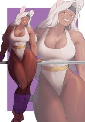 1girls 80's_theme 80s_clothing boku_no_hero_academia bunny_ears cleavage dark-skinned_female dark_skin headband legwarmers leotard mirko miruko muscular muscular_female my_hero_academia red_eyes rumi_usagiyama smile thick_thighs usagiyama_rumi white_hair zukululuu