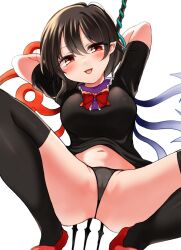 asymmetrical_wings black_dress black_hair black_panties bow bowtie breasts center_frills dress female frills hair_between_eyes highres houjuu_nue nanana_(chicken_union) navel nue_houjuu panties polearm red_bow red_bowtie red_eyes red_footwear shoes short_dress short_sleeves simple_background solo spread_legs thighhighs touhou trident underwear weapon white_background wings