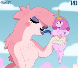 adventure_girls adventure_time blue_eyeshadow blue_lipstick breasts cartoon_network female giantess licking nipples pink_fur pink_hair pink_skin princess_bubblegum somescrub tagme