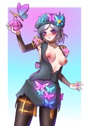 1girls areolae beret breasts detached_sleeves dress female hat identity_v light-skinned_female light_skin looking_at_viewer medium_hair nipples open_clothes pantyhose perfume_bottle pink_eyes small_breasts solo standing veil vera_nair white_hair zomjam