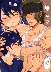 2boys 45ichi abs absurdres bara bare_pectorals black_headband blue_eyes blue_shirt blush brown_hair closed_eyes clothes_lift eichi_(wild_chicken) enjouji_michiru gay headband heart highres idolmaster idolmaster_side-m large_pectorals licking licking_nipple looking_at_another male_focus multiple_boys muscular muscular_male navel nipple_stimulation nipples open_mouth pectorals shirt short_hair sucking_male_nipple sucking_nipples taiga_takeru tank_top tongue tongue_out twitter_username upper_body white_tank_top yaoi