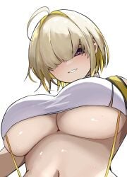 1girls ahoge anime_nose antenna_hair bare_midriff bare_shoulders blonde_hair blush breasts cleavage close-up colored_inner_hair cream_hair crop_top elegg_(nikke) evil_eyes female front_view goddess_of_victory:_nikke grin hair_over_eye hair_over_eyes hair_over_one_eye heart heart-shaped_pupils hi_res inner_hair large_breasts looking_back looking_down low-angle_view midriff navel no_bra no_nose platinum_blonde_hair purple_eyes short_hair simple_shading smile solid_color_background solo solo_female stomach suspenders tank_top teeth two_tone_hair underboob upper_body white_background worm's-eye_view yak11 yellow_hair