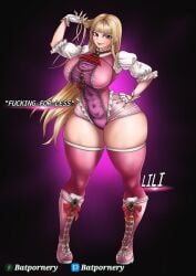 1girls batpornery blonde_hair breasts curvy emilie_de_rochefort female fingerless_gloves full_body gloves hand_on_own_hip highres large_breasts long_hair looking_at_viewer plump purple_eyes short_sleeves smile solo standing tekken tekken_8 thick_thighs thighs very_long_hair wide_hips