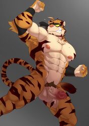 1boy abs absurd_res anthro balls blackclown00 blackclownowo casual_nudity felid fur genitals hi_res humanoid_genitalia male male_only mammal manly muscular muscular_anthro muscular_male navel nipples nude pantherine pecs penis pubes quads simple_background solo solo_male striped_body stripes tiger