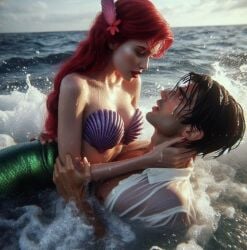 ai_generated ariel ariel_(the_little_mermaid) disney disney_princess green_tail long_hair mermaid red_hair seashell_bra the_little_mermaid