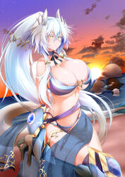 absurdres bangs bare_shoulders beach bikini blue_hair breasts choker cleavage cloud dragon_girl dragon_horns dragon_tail g_(genesis1556) hair_ornament highres horns large_breasts long_hair looking_at_viewer lutian_(g_(genesis1556) midriff monster_girl navel ocean original outdoors ribbon rock scales shawl sidelocks sunset tail underboob yellow_eyes