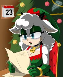 1girls 2d 2d_(artwork) 2d_artwork anthro bell bell_collar big_breasts blue_eyes breasts christmas christmas_clothing christmas_headwear christmas_lights christmas_outfit christmas_tree cleavage cowbell elf_costume female female_focus female_only furry furry_only green_eyeshadow horn horns idw_comics idw_publishing lanolin_the_sheep mobian_(species) myspookypizza naughty_list sega sheep_ears sheep_girl sheep_horns sheep_humanoid solo sonic_(series) sonic_the_hedgehog_(comics) sonic_the_hedgehog_(idw) sonic_the_hedgehog_(series) white_body white_fur white_hair wool_(fur)