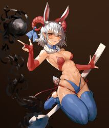 \||/ abs absurdres animal_ear_fluff animal_ears breasts bridal_gauntlets brown_background fake_animal_ears female fingerless_gloves gloves highleg highres index_finger_raised navel pointy_ears rabbit_ears red_eyes revealing_clothes simple_background solo thighhighs tomatolover16 touhou toutetsu_yuuma yuuma_toutetsu