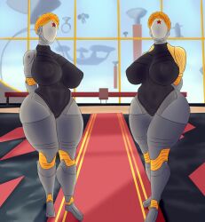 2girls android android_girl areola_outline arms_behind_back atomic_heart big_ass big_breasts big_hips big_thighs braid busty chair curvy curvy_figure detailed_background duo duo_female faceless_female females_only front_view huge_ass huge_breasts humanoid left_(atomic_heart) leotard mantrinrus metallic_body nipple_outline red_star right_(atomic_heart) robot robot_girl robot_humanoid standing table the_twins_(atomic_heart) thick_thighs window