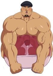 1boy 1male balloon_fetish bara beard big_arms big_penis blush cliff_(pokemon) cum cum_in_condom cumming cumshot ducka-98 erection eyes_rolling_back face hat huge_pecs human human_only lying lying_down male male_focus male_only mating_press mature mature_male muscles muscular nipples nude nude_male open_mouth pecs penis pokemon pokemon_go simple_background solo thick_cum thick_penis white_background