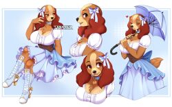 1girls anthro anthrofied big_breasts blush brown_eyes canine cleavage collar disney domestic_dog dress female female_only floppy_ears fur furry furry_only heart heel_boots lady_(lady_and_the_tramp) lady_and_the_tramp looking_at_viewer multiple_views ribbon smiling smiling_at_viewer solo teranen umbrella wholesome