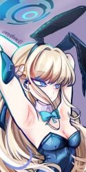 armpit_fetish armpits arms_behind_head asuma_toki blonde_hair blue_archive blue_eyes breasts bunny_ears bunny_girl bunnysuit crazystorm-165 female halo latex slender slender_body small_breasts toki_(blue_archive) toki_(bunny)_(blue_archive)