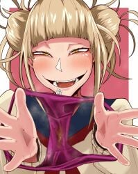 1girls blonde_hair boku_no_hero_academia dirty_face dirty_panties himiko_toga looking_at_viewer my_hero_academia no_panties panties pov purple_panties pussy_juice school_uniform toga_himiko yellow_eyes