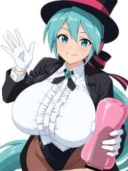 1boy 1girls alternate_breast_size alternate_costume alternate_hairstyle artificial_vagina bar_censor blue_eyes blue_hair blush breasts censored cevio clothed_female_nude_male gloved_handjob gloves handjob handjob_w/sex_toy hat hatsune_miku huge_breasts light-skinned_female light-skinned_male light_skin magician magician_hat migikoba ponytail sex_toy smile textless vocaloid white_gloves