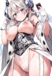 armpits bare_legs bare_shoulders bare_thighs big_breasts blush body_blush breasts breasts_out closed_mouth gloves grey_hair groin holding_card horns labrynth_of_the_silver_castle leotard leotard_under_clothes long_hair lovely_labrynth_of_the_silver_castle nipples no_panties open_mouth purple_eyes pussy_visible_through_leotard smile staryume thighs white_gloves white_leotard wings yu-gi-oh!