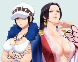 2girls big_breasts black_hair blue_eyes boa_hancock canon_genderswap chest_tattoo cleavage crossed_arms earrings epaulettes female female_only frown fur_trim genderswap_(mtf) hat headwear hime_cut jewelry lipstick long_hair nipple_bulge no_bra one_piece rule_63 shaded_face shinto_s short_hair tank_top tattoo tattooed_arm tattoos trafalgar_law trafalgar_law_(female) upper_body