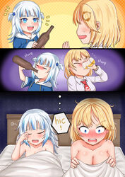 2girls a_(gawr_gura) after_sex bed bite_mark blonde_hair blue_eyes blush chira573 drinking drunk embarrassed eyebrows_visible_through_hair gawr_gura hololive hololive_english hololive_myth morning_after sharp_teeth thought_bubble virtual_youtuber watson_amelia white_hair yuri