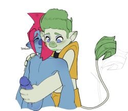 2males anthro blue_eyes floyd_(trolls) green_eyes green_hair handjob homosexual masturbation pink_hair species_swap trolls_(film) trolls_band_together veneer_(trolls)