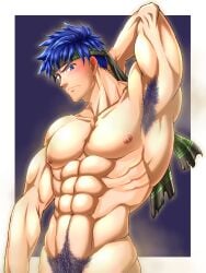 1boy abs armpit_focus armpit_hair armpits bara blue_eyes blue_hair blush feet_out_of_frame fire_emblem fire_emblem:_path_of_radiance hairy_armpits headband hi_res ike_(fire_emblem) looking_at_viewer male male_nipples male_only muscles muscular muscular_male musk musk_clouds navel navel_hair nintendo nipples no_visible_genitalia one_arm_behind_head pectorals penis_out_of_frame pubic_hair ryosukebutter showing_armpits simple_background solo solo_male sweatdrop thick_pubes