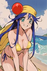 ai_generated aiart_susi android ass bandana beach big_ass big_breasts bikini bikini_bottom bikini_top blue_hair breasts female green_eyes happy happy_female large_ass large_breasts light-skinned_female light_skin lime_(saber_j) long_hair looking_at_viewer open_mouth saber_marionette_j swimsuit thighs wide_hips yellow_bandana yellow_bikini yellow_bikini_bottom yellow_bikini_top yellow_swimsuit