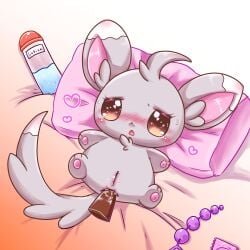 anal anal_beads anal_sex blush chinchilla condom crying crying_with_eyes_open cub disembodied_penis feral heart heart-shaped_pupils hi_res human_on_feral lotion minccino mirun_migyu on_back on_bed pillow pokémon_(species) pokemon pokemon_(species) pokephilia pussy pussy_juice questionable_consent sex_toy tail tears zoophilia