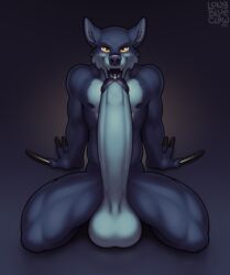 anthro balls big_balls big_penis canid canine canis erection genitals hi_res huge_cock humanoid_genitalia humanoid_penis hyper hyper_genitalia hyper_penis kneeling long_nails long_penis longblueclaw male mammal nude penis solo urethral_tonguing wolf