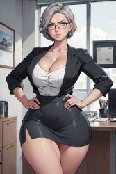 ai_generated big_breasts boss breasts cleavage glasses gray_hair mature_female milf office_lady skirt suit thick_thighs zweibelle_(artist)