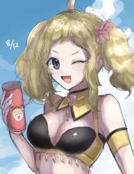 1girls ;d alternate_costume alternate_hairstyle bikini blonde_hair breasts cleavage detached_collar female female female_only fire_emblem fire_emblem_fates grey_eyes highres juice leon0630claude looking_at_viewer medium_breasts nintendo one_eye_closed open_mouth ophelia_(fire_emblem) short_bangs smile solo swimsuit tomato_juice twintails