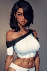 1girl 1girls abs ai_generated arms_at_sides bare_shoulders black_hair breasts closed_mouth collarbone crop_top dark-skinned_female dark_skin earrings female grey_background hair_over_one_eye highres jewelry large_breasts lips long_hair looking_at_viewer medium_hair midriff navel no_pants nose off-shoulder_shirt off_shoulder original panties purple_eyes self-upload shirt short_sleeves simple_background solo solo_focus stomach toned underwear upper_body white_panties white_shirt wombat9043